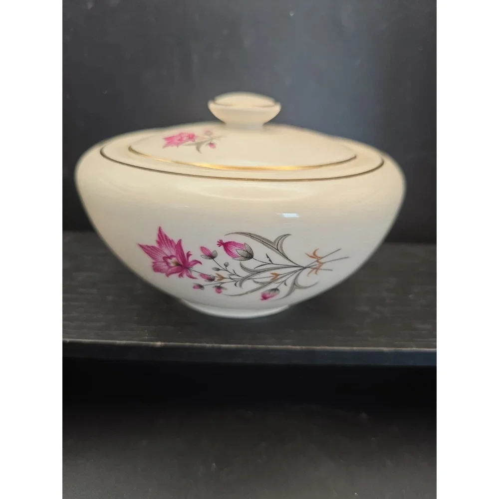 Vtg. Cunningham & Pickett Stardust Sugar Bowl with Lid, Gold Gilta